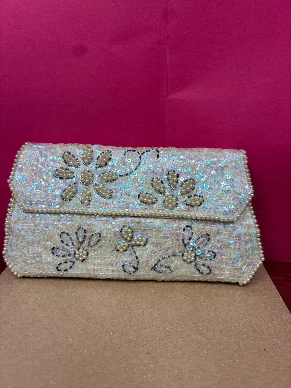 La Regale Pearl & Sequin Ivory Floral Clutch